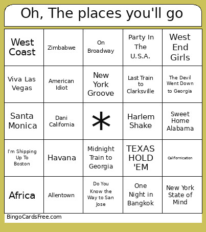 Oh, The Places You'll Go Bingo Card