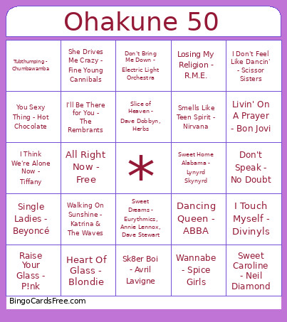 Ohakune 50 Song Bingo Card