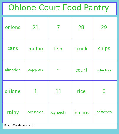 Ohlone Court Food Pantry Bingo Card