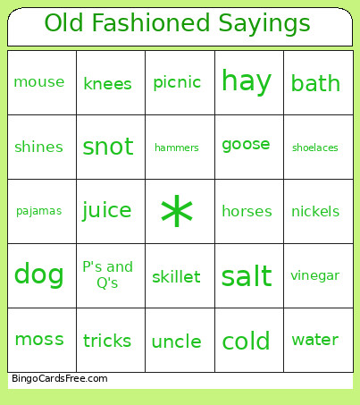 Old Fashioned Sayings Bingo Card