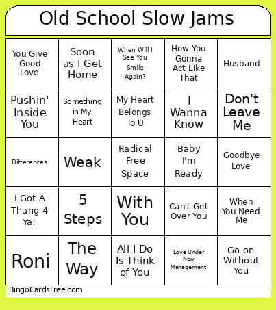 Old School Slow Jams Bingo Card