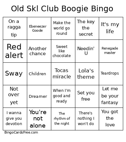 Old Skl Club Boogie Bingo Card