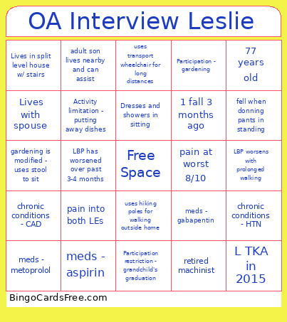 Older Adult Interview - Leslie Bingo Card
