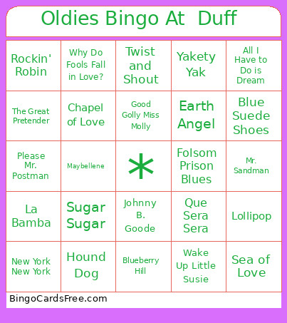 Oldies At Duff Bingo Card 2