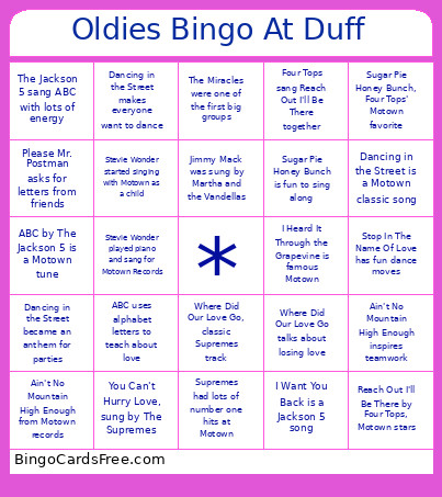 Oldies At Duff Bingo Card
