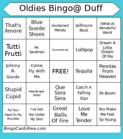 Oldies @ Duff Bingo Card