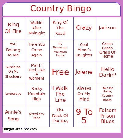 Oldies Country Music Bingo Card