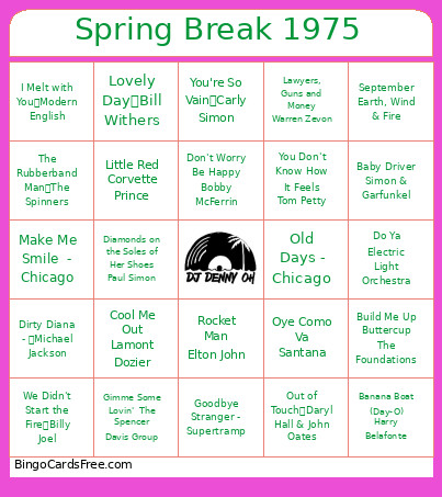 Oldies Spring Break Bingo Card