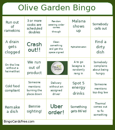 Olive Garden Bingo Card