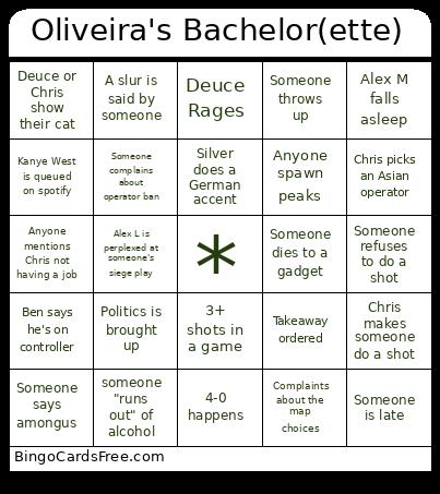 Oliveira's Bachelor(ette) Bingo Card