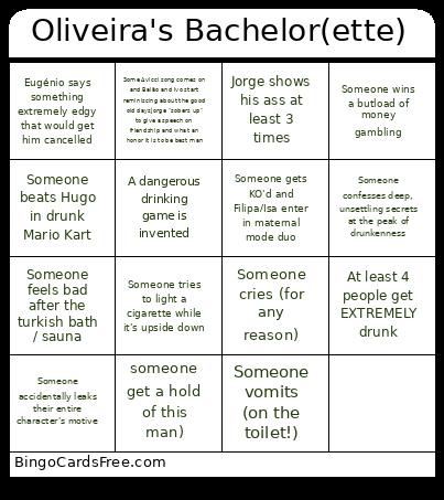 Oliveira's Bachelor(ette) Bingo Card