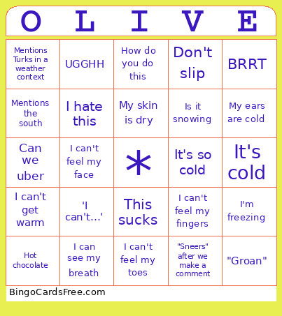 Olivia Thinks It’s Cold Bingo Card