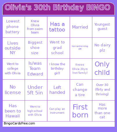 Olivia's 30th Birthday Bingo Card