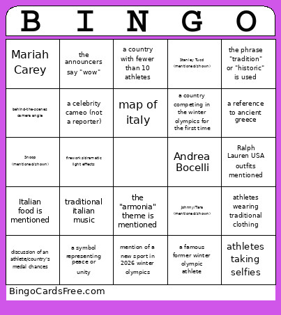 Olympic Bingo Card