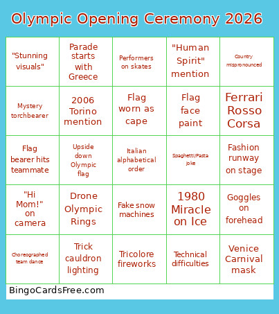 Olympic Opening Ceremony 2026 Bingo Card