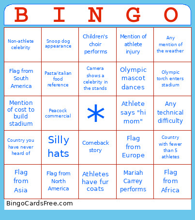 Olympic Opening Ceremony Bingo Card