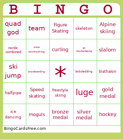 Olympics Bingo Card