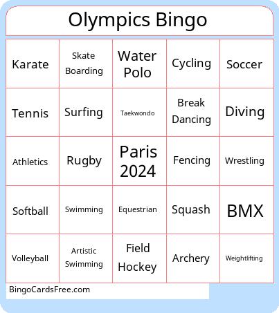 Olympics Bingo Cards Free Pdf Printable Game, Title: Olympics Bingo