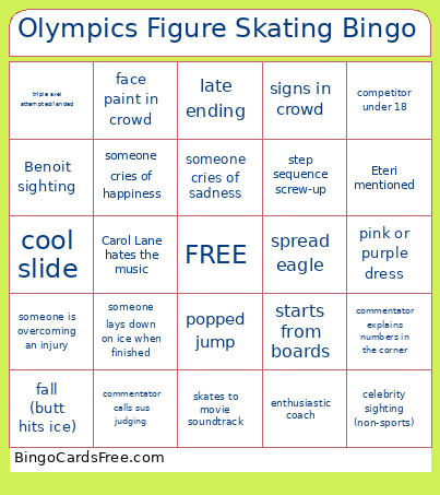 Olympics Figure Skating Bingo Card