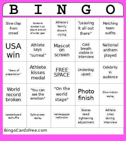 Olympics Watch Party Bingo Card