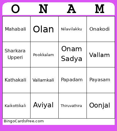 Onam Bingo Card