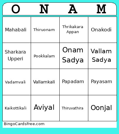 ONAM Bingo Card