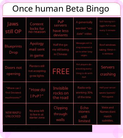 Once human Beta Bingo Cards Free Pdf Printable Game, Title: Once human Beta Bingo