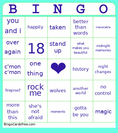 One Direction Music Bingo Card