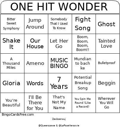 ONE HIT WONDER Bingo Cards