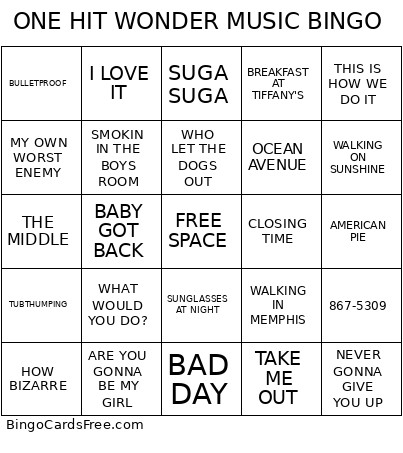 ONE HIT WONDER MUSIC Bingo Card