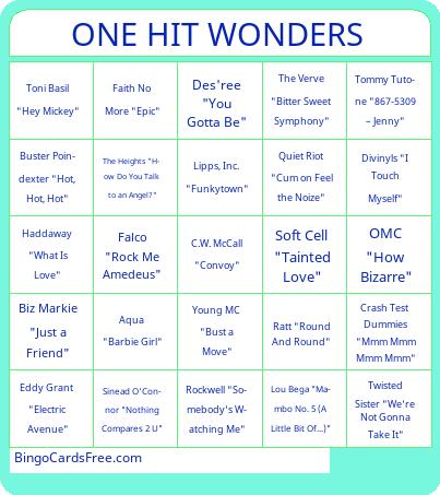 One Hit Bingo Cards Free Pdf Printable Game, Title: ONE HIT WONDERS