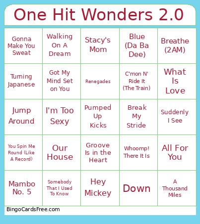One Hit Wonders 2.0 Bingo Card