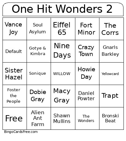 One Hit Wonders 2 Bingo Card