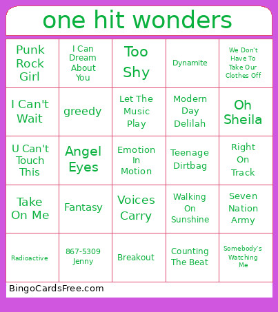 One Hit Wonders Bingo Card