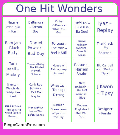 One Hit Wonders Bingo Card