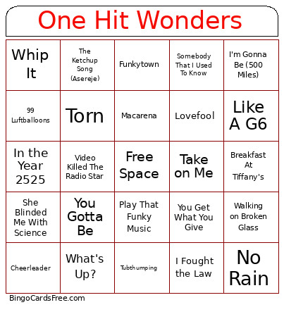 One Hit Wonders Bingo Card