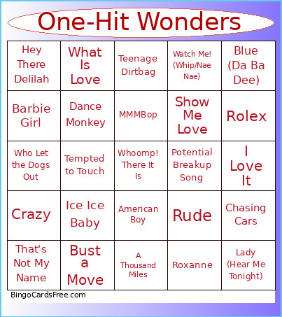 One-Hit Wonders Bingo Card