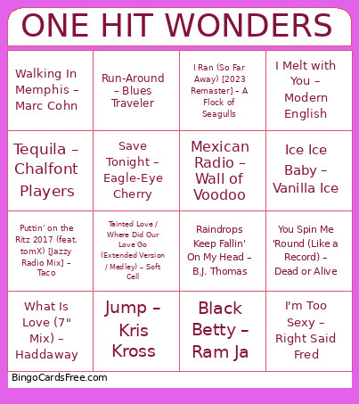 One Hit Wonders Bingo Card