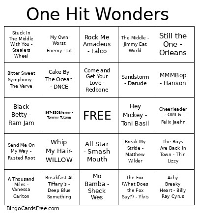 One Hit Wonders Bingo Card