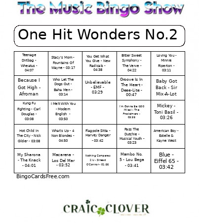 One Hit Wonders No.7 Bingo Card