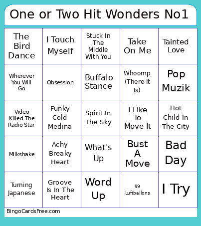 One Or Two Hit Wonders No1 100 Songs Title Bingo Card
