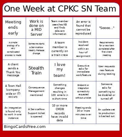 One Week At CPKC SN Team Bingo Card