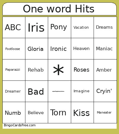 One Word Hits Bingo Card