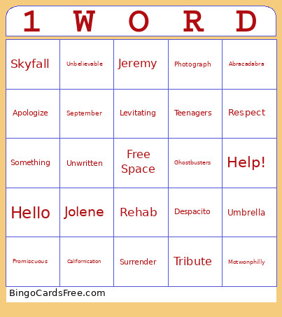 One Word Music Bingo Card