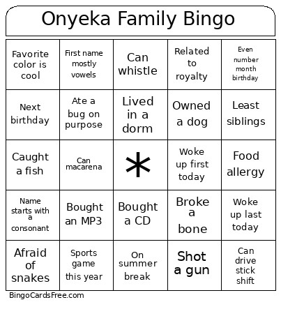 Onyeka Family Bingo Card