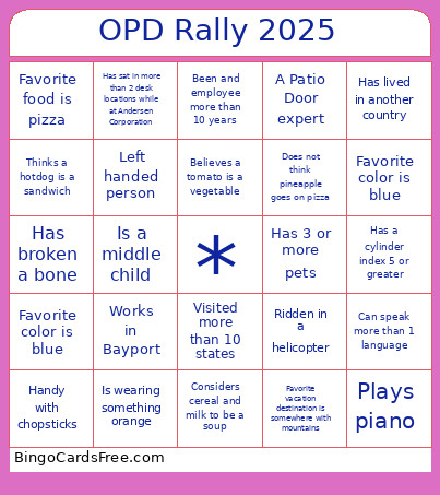 OPD Rally 2025 Bingo Card