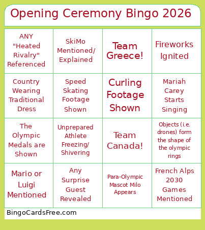 Opening Ceremony 2026 Bingo Card