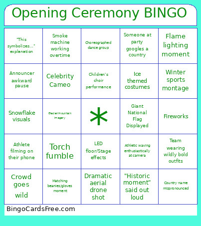 Opening Ceremony Bingo Card