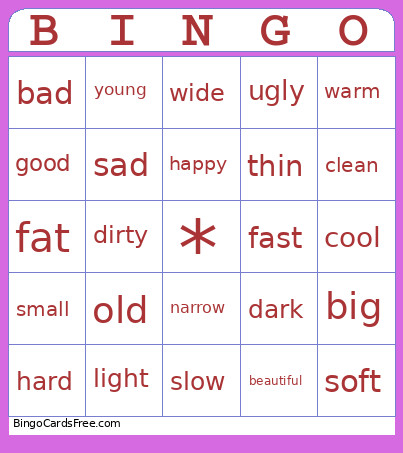 Opposite Adjectives Bingo Card