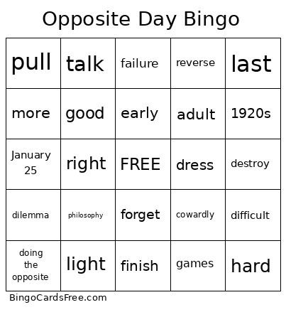 Opposite Day Bingo Card